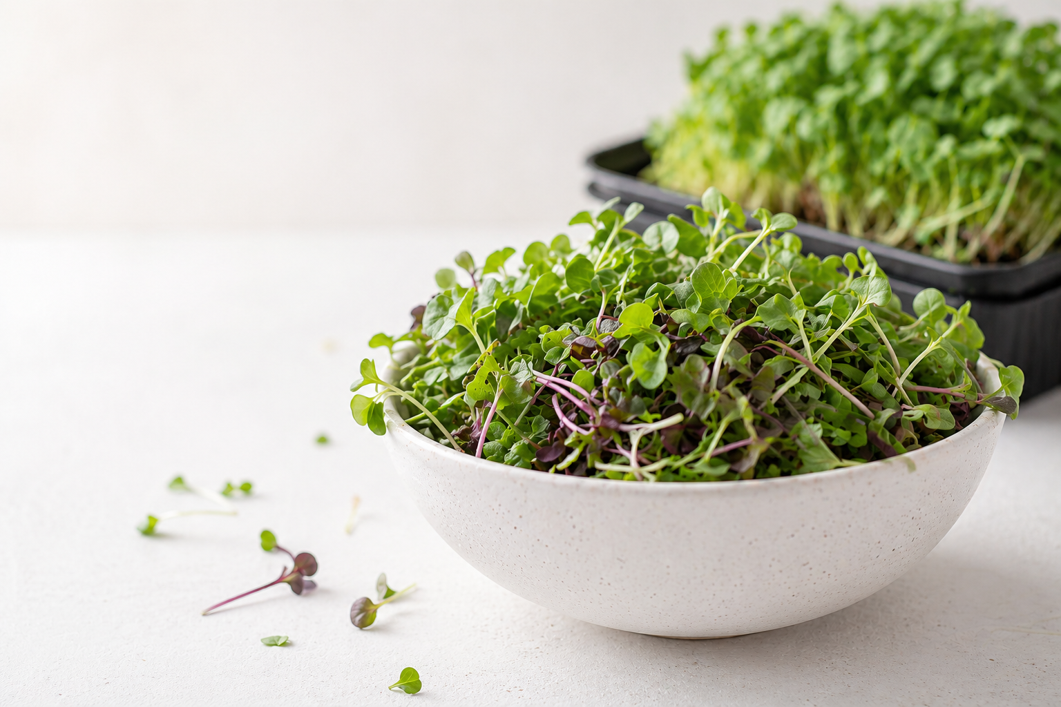 Fresh microgreens in a white bowl