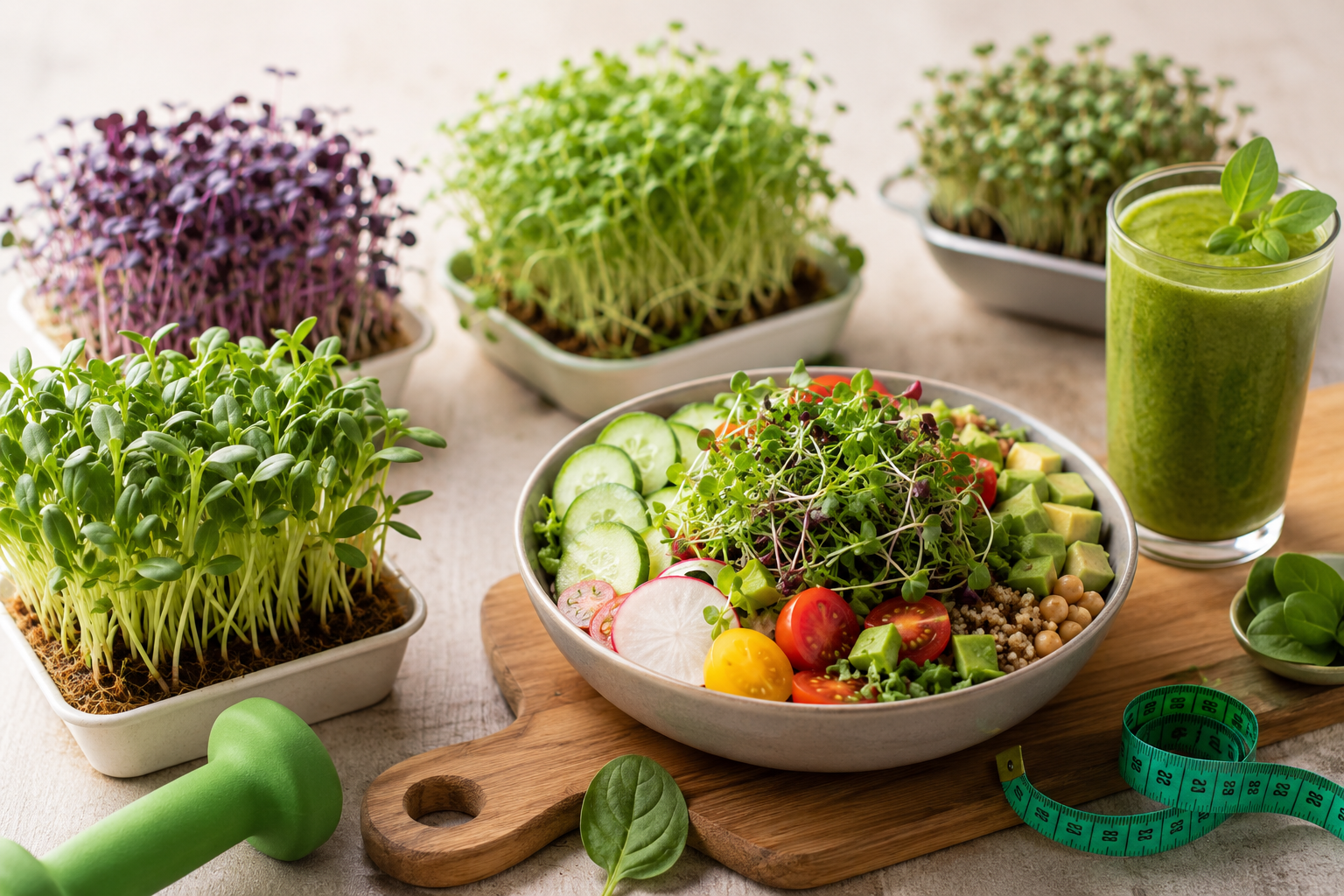 **Alt Text:** Healthy microgreens for weight loss with fresh salad and green smoothie.